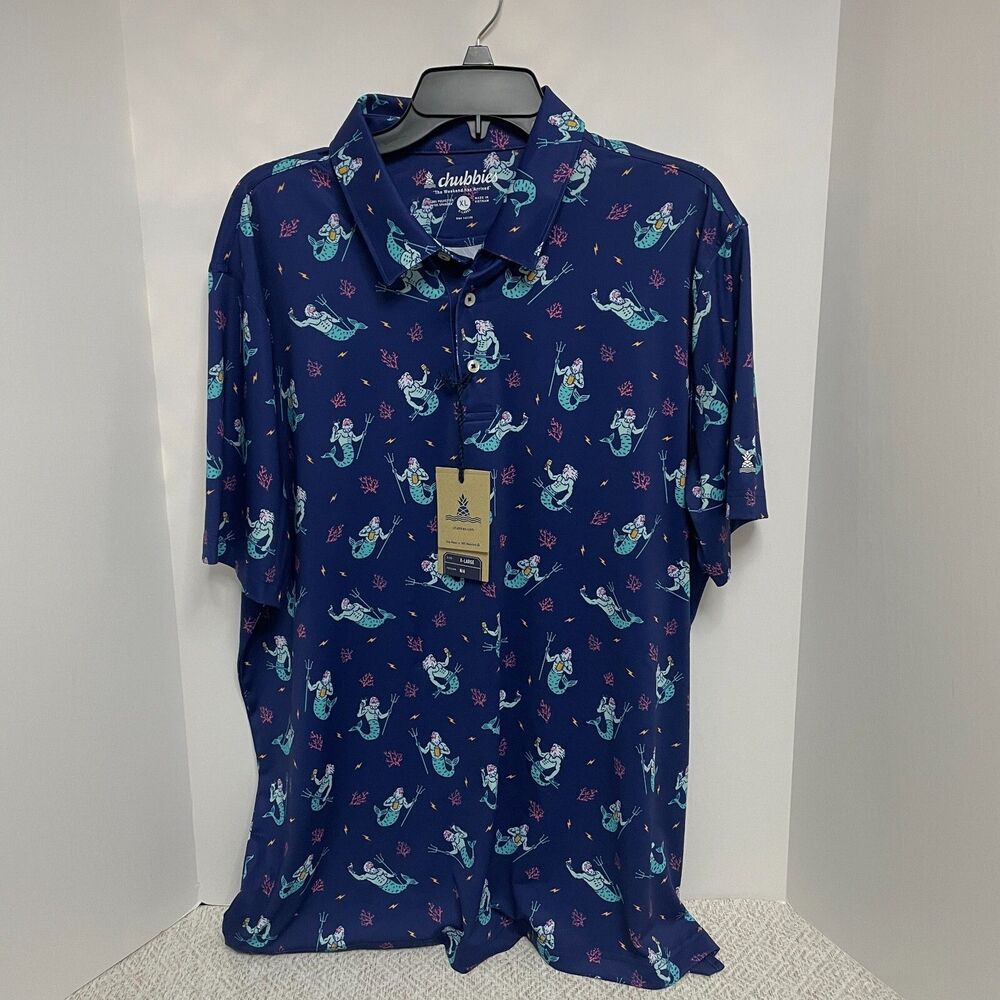 Chubbies Mens XL The Triton Of The Sea Performance Polo Blue NWT
